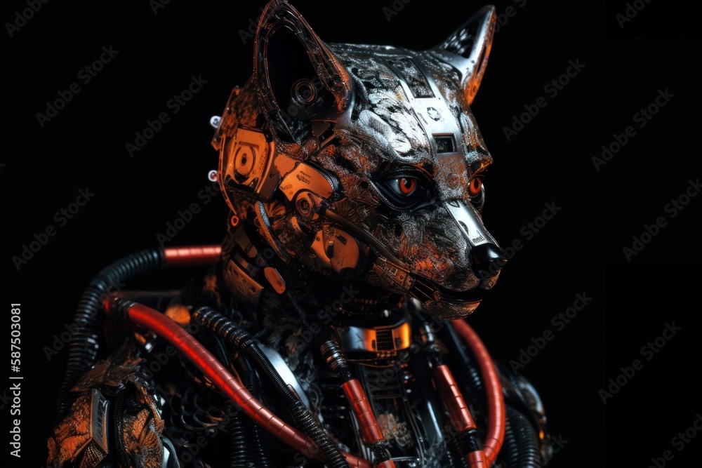 Poster red fox futuristic robot on black background generative ai