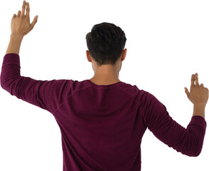 Rear view of businessman using invisible interface