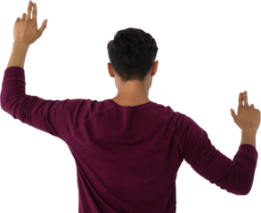 Rear view of businessman using invisible interface