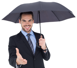 Happy businessman under umbrella offering handshake