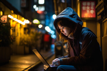Young Asian woman using her laptop in Tokio. Student or freelancer lifestyle. High quality generative ai