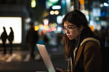 Fototapeta premium Young Asian woman using her laptop in Tokio. Student or freelancer lifestyle. High quality generative ai