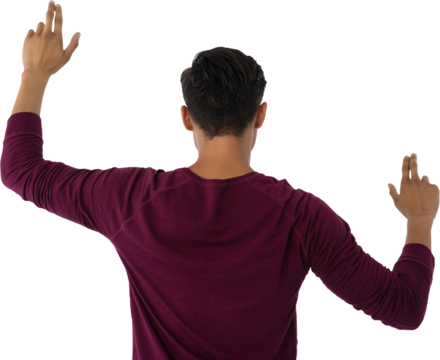Rear view of businessman using invisible interface - Powered by Adobe