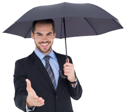 Happy businessman under umbrella offering handshake