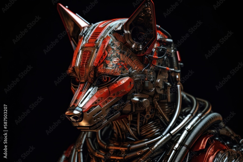 Poster red fox mechanized robot with copyspace generative ai