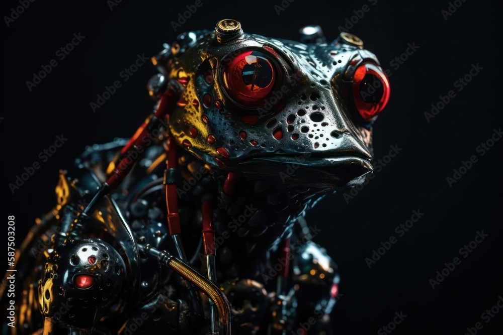 Poster red frog cyber robot on black background generative ai