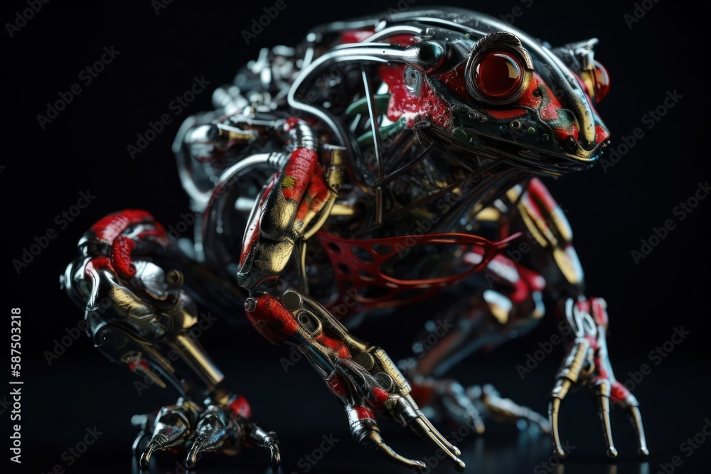 Poster red frog mechanical robotic creature portrait generative ai
