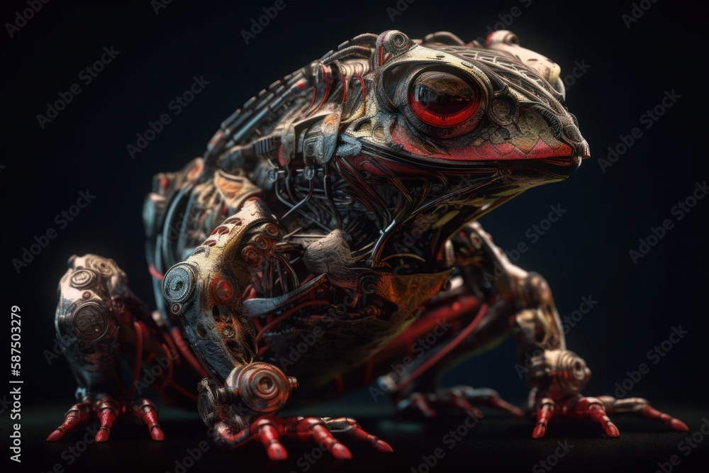 Poster red frog mechanized robot with copyspace generative ai