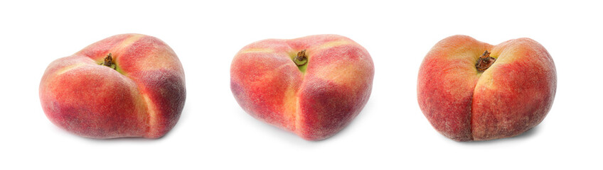 Three tasty flat peaches on white background