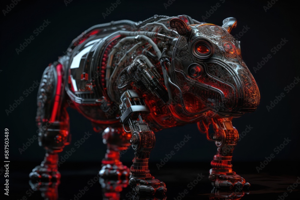Poster red hippo mechanized robot portrait generative ai