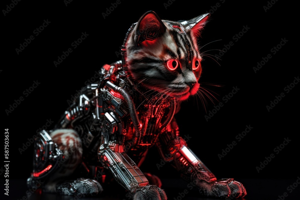 Aufkleber red kitten mechanical robotic creature on black background generative ai