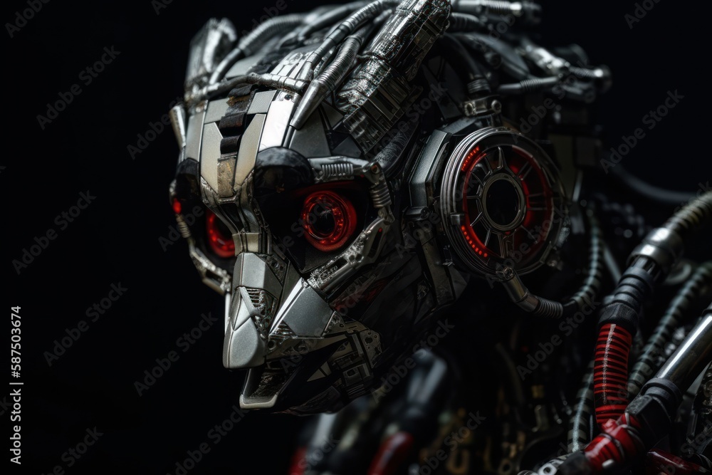Poster red lemur cyber robotic creature on black background generative ai