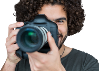 Close up portrait of male photographer taking picture 