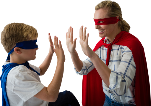 Mother and son pretending to be superhero