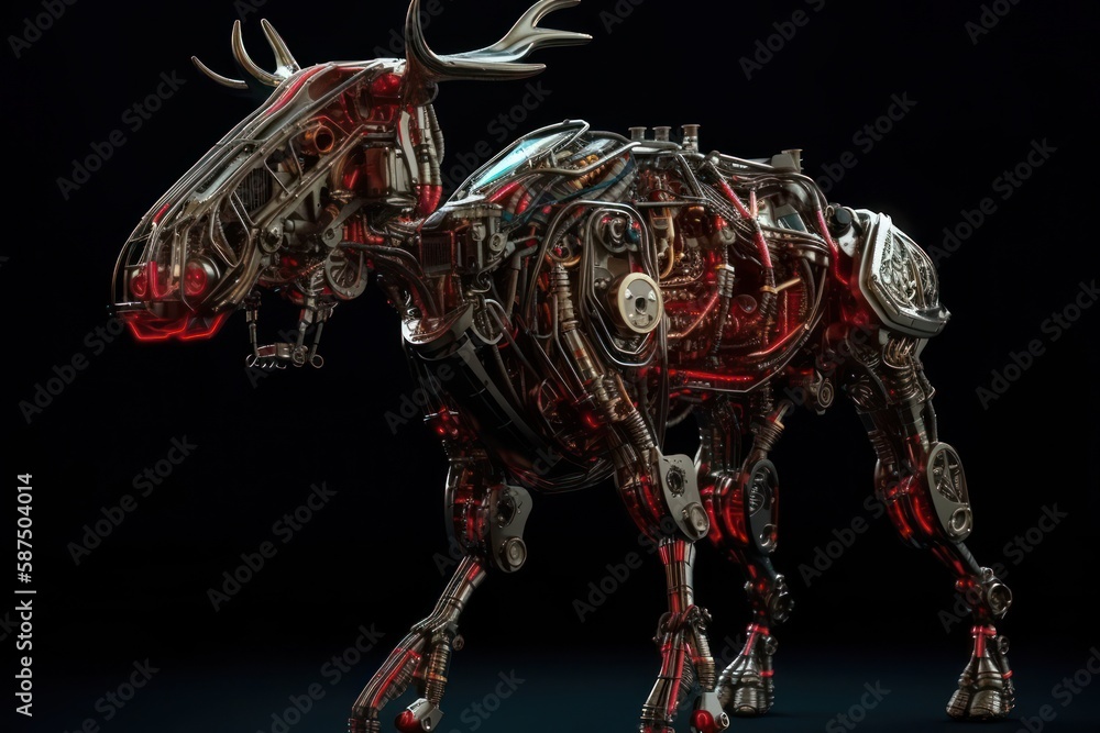 Poster red moose futuristic robot on black background generative ai