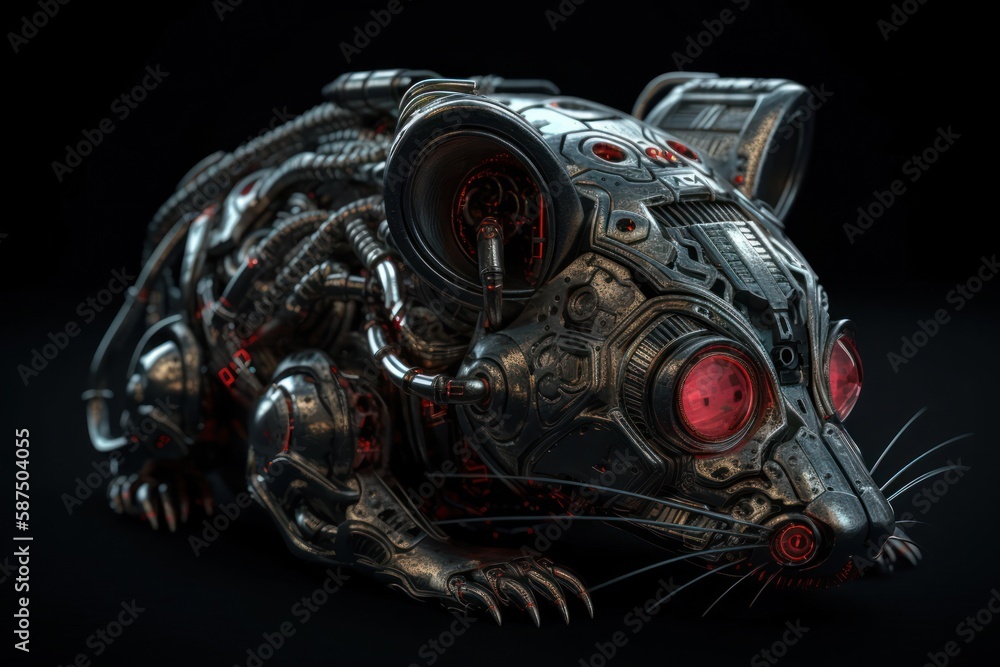Poster red mouse electronic robotic creature with copyspace generative ai