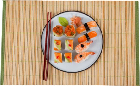 High angle view of japanese food on mat