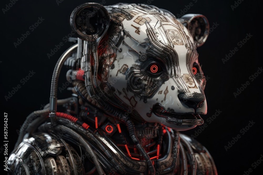 Poster red panda bear cyber robotic creature with copyspace generative ai