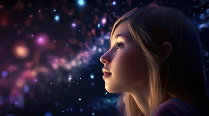 boy looking at night starry sky with glitter glow galaxy.  Created with generative AI.