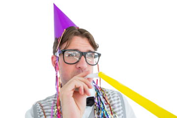 Geeky hipster wearing a party hat with blowing party horn