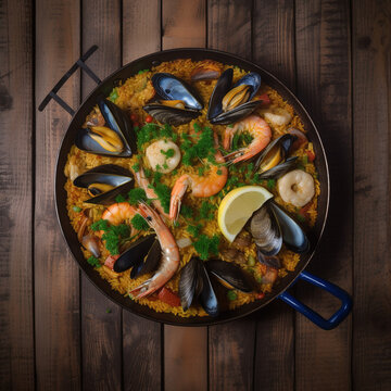 Seafood paella birds eye view,  food top down view, generative AI