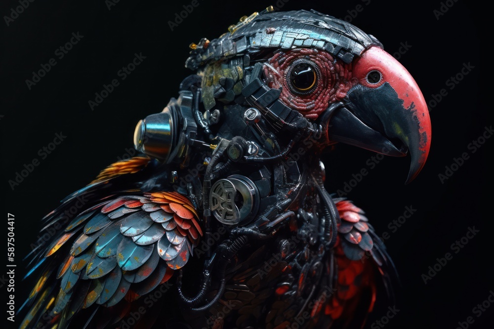 Poster red parrot cyber robotic creature on black background generative ai