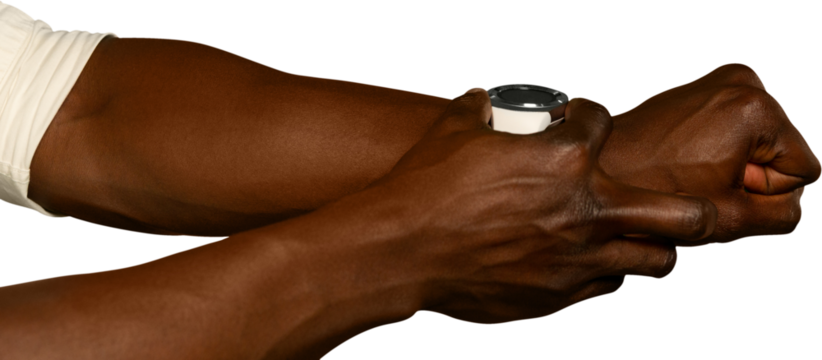 Mid-section of man using smartwatch