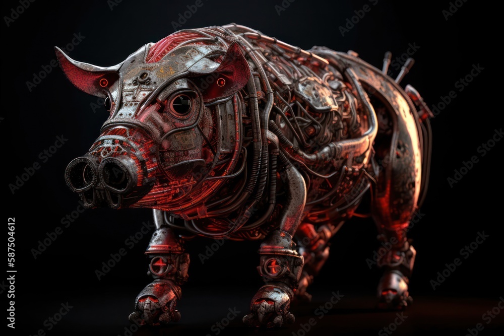 Poster red pig futuristic robotic creature on black background generative ai
