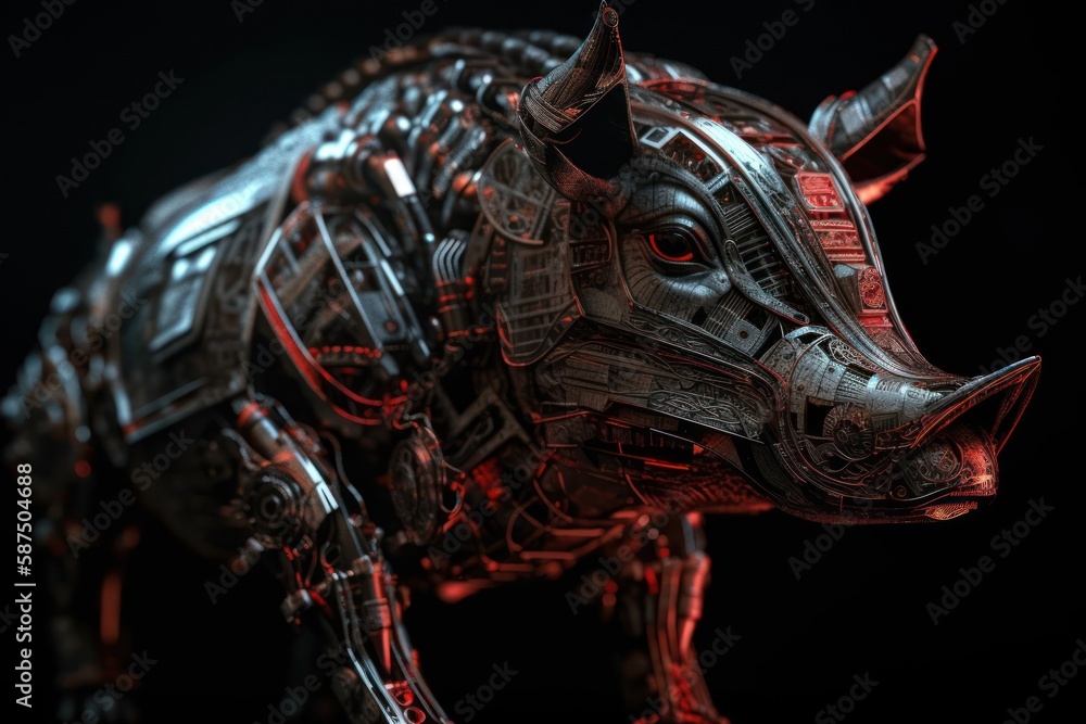 Poster red pig mechanized robotic creature with copyspace generative ai