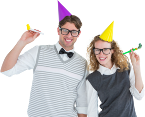 Geeky couple with party hat and party horn