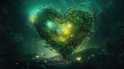 magic green heart in the forest, protection concept. Created with Generative AI.