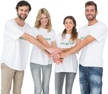 Group portrait of happy volunteers with hands together