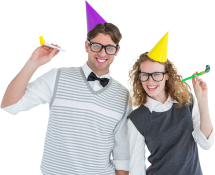 Geeky couple with party hat and party horn