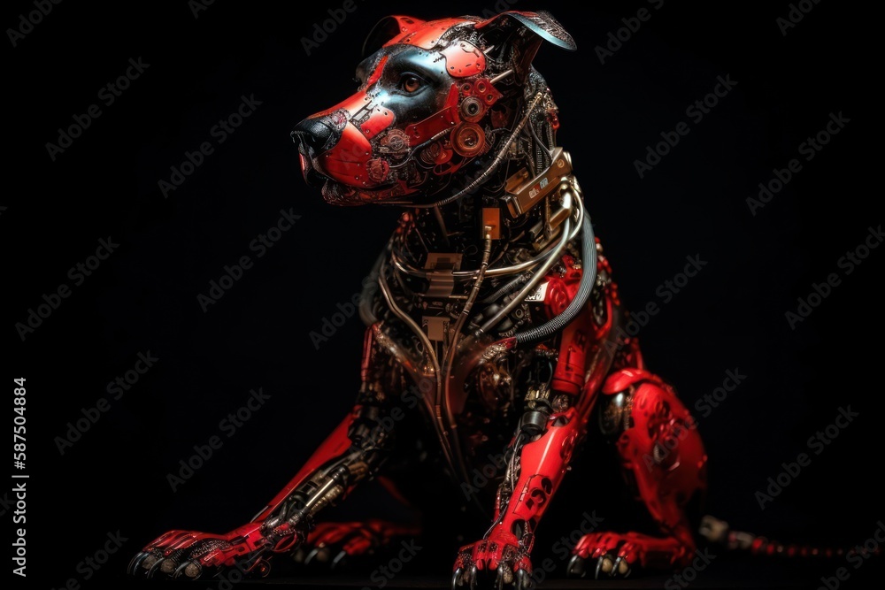 Poster red puppy cyber robotic creature with copyspace generative ai
