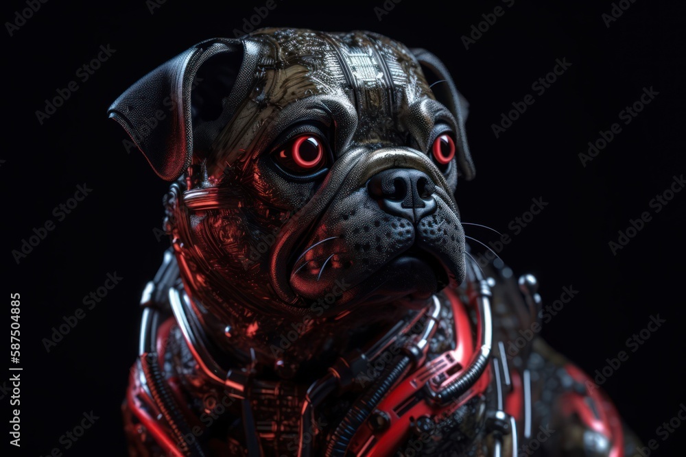 Poster red pug robotic creature with copyspace generative ai