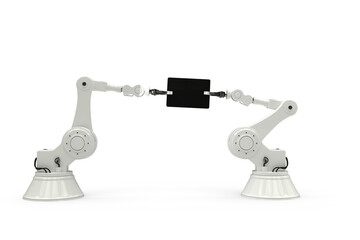 Robots and digital tablet against white background