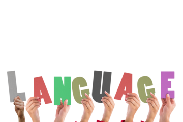 Cropped hands holding colorful word language 