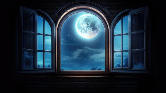 Mystical window with crescent moon in night sky.  Created with generative AI.