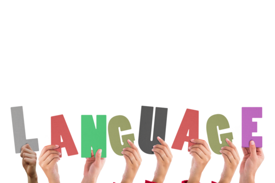 Cropped hands holding colorful word language 
