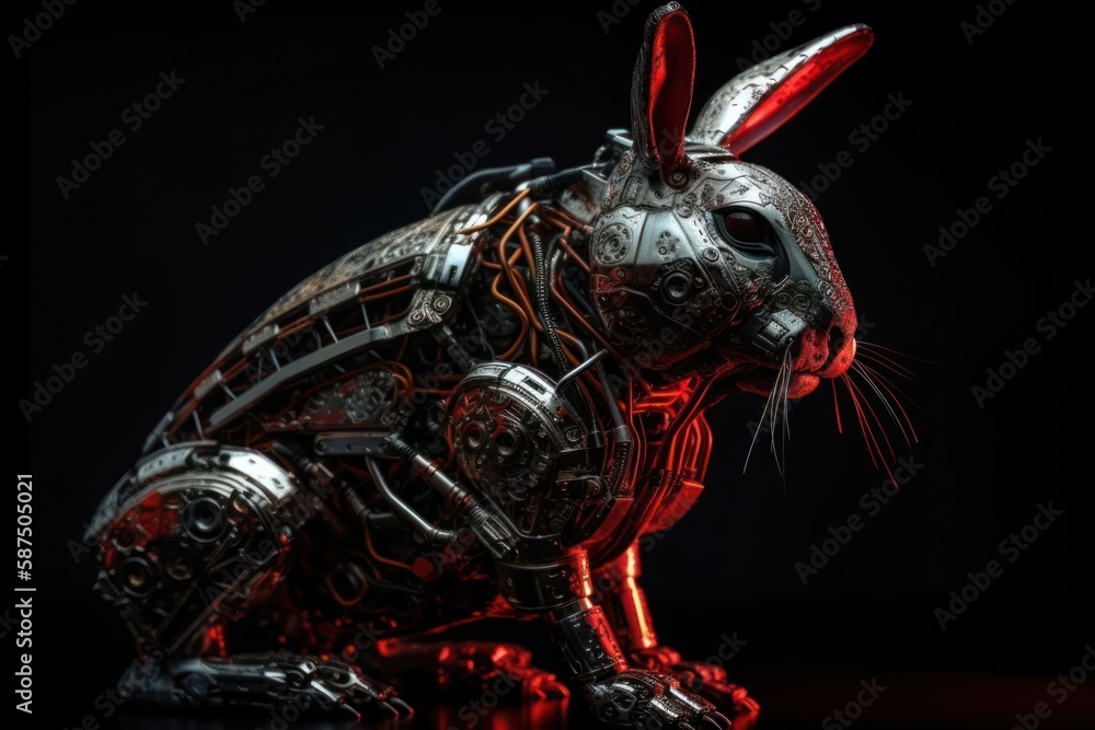 Poster red rabbit robot on black background generative ai