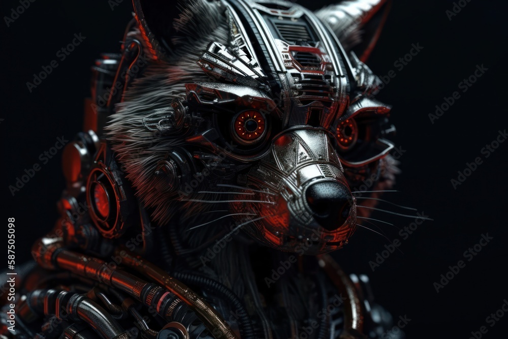 Poster red raccoon mechanized robotic creature portrait generative ai