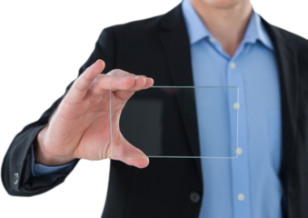 Mid section of smiling businessman holding interface