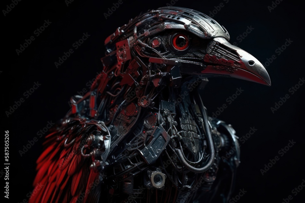 Poster red raven mechanized robot on black background generative ai