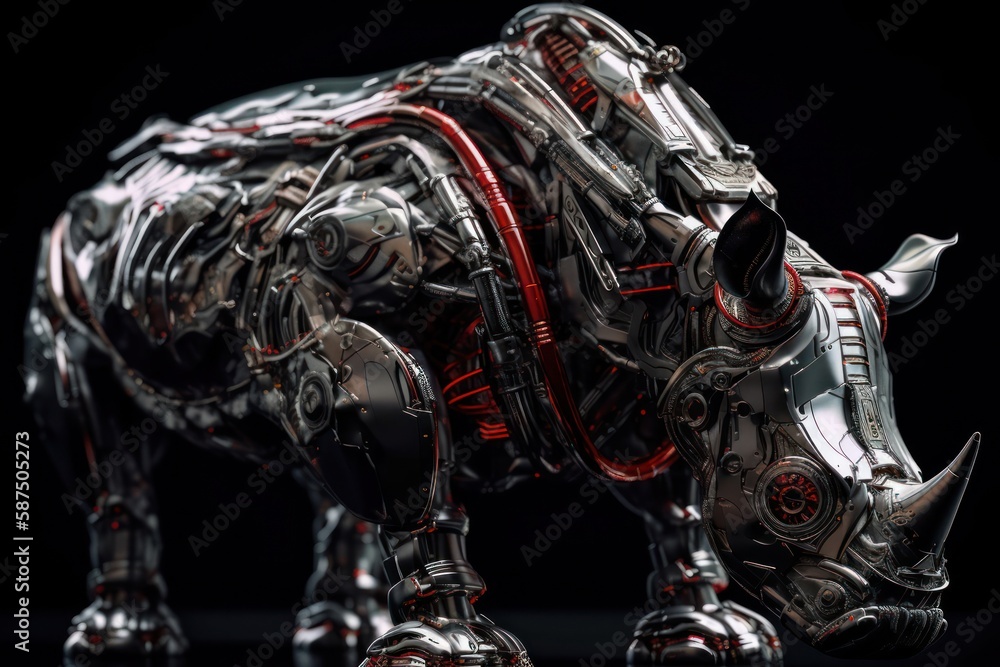 Poster red rhino electronic robotic creature with copyspace generative ai
