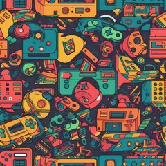 Obraz premium Seamless 80s Retro Pattern with Video Game Theme