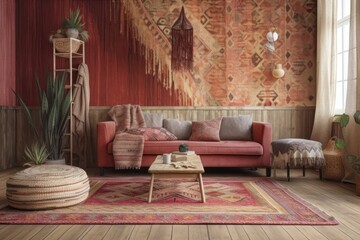 Bohemian hardwood living room with wallpaper and herringbone parquet. Sofa, jute carpet, and red beige décor. Boho decor,. Generative AI