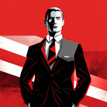 Portrait illustration of a businessman, red black and white colors, generative AI