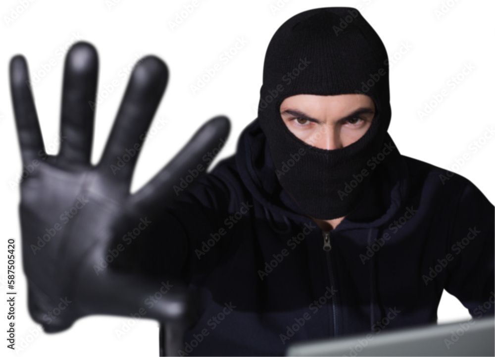 Poster hacker in balaclava gesturing and looking at camera