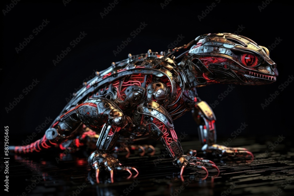 Poster red salamander cyber robot on black background generative ai