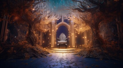Empty hall with a dark throne. Created with generative AI.